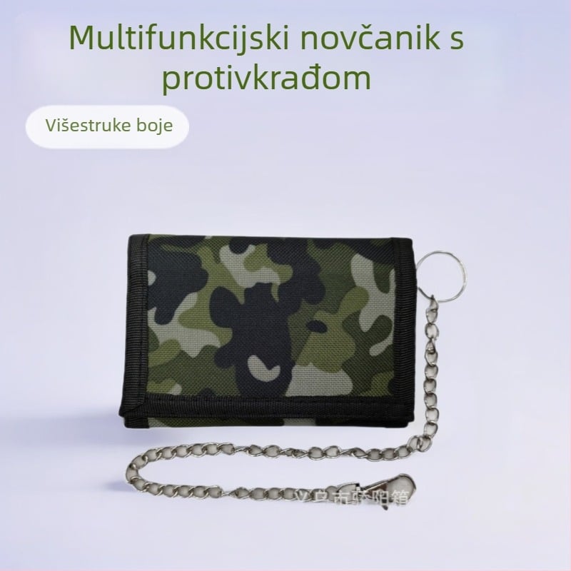 Novčanik protiv krađe, višenamjenski, s Velcro otvorom, horizontalni kratki dizajn, od poliestera; klip za novčanice, prozor za ID, džepovi za kartice i džep na zip.