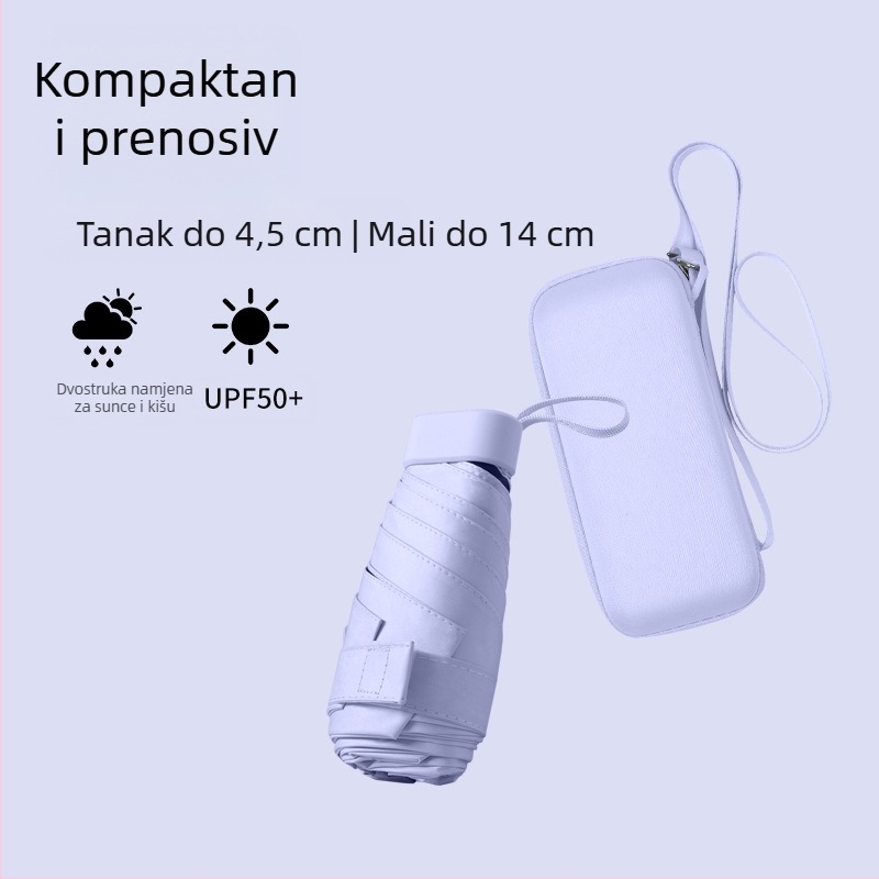 Novi ultra lagani ženski kišobran za sunce i kišu, s držačem za kartice, sklopivi, s remenom, šestodijelni kompaktni džepni kišobran