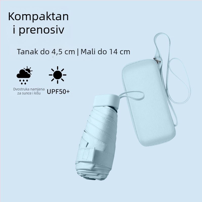 Novi ultra lagani ženski kišobran za sunce i kišu, s držačem za kartice, sklopivi, s remenom, šestodijelni kompaktni džepni kišobran