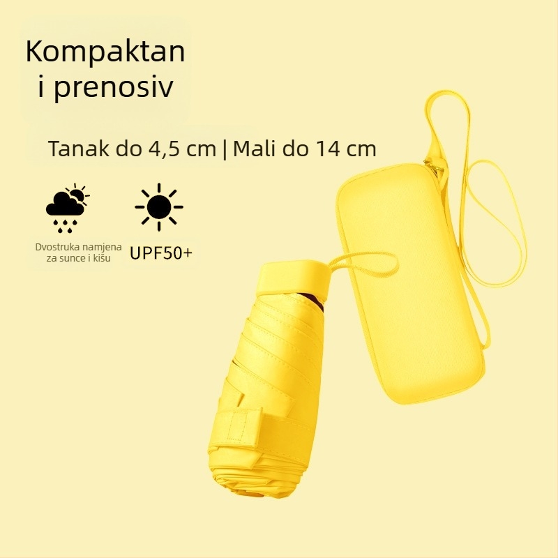 Novi ultra lagani ženski kišobran za sunce i kišu, s držačem za kartice, sklopivi, s remenom, šestodijelni kompaktni džepni kišobran