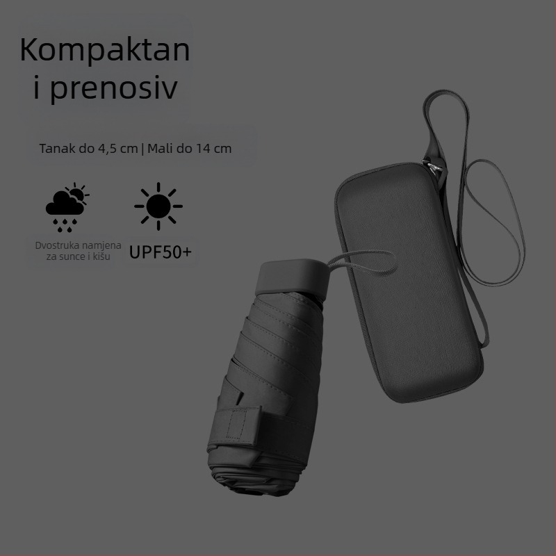Novi ultra lagani ženski kišobran za sunce i kišu, s držačem za kartice, sklopivi, s remenom, šestodijelni kompaktni džepni kišobran