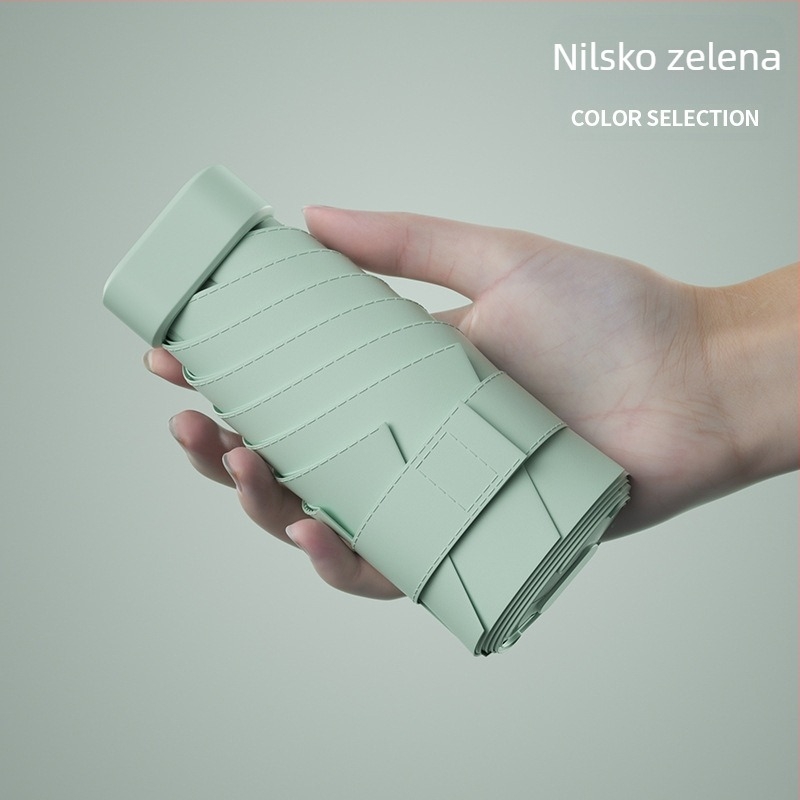 Novi ultra lagani ženski kišobran za sunce i kišu, s držačem za kartice, sklopivi, s remenom, šestodijelni kompaktni džepni kišobran