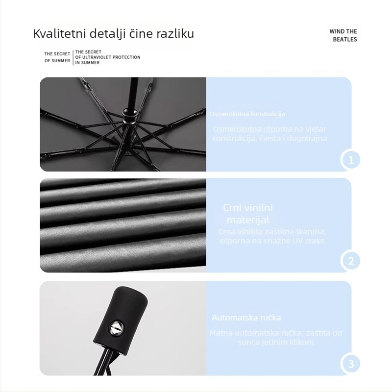Sunčani kišobran s 8 rebara, okvir od željeza, drška i drvena osovina, poliester 190T, UPF50+, ručno otvaranje i zatvaranje