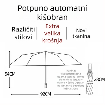 Suncobran s 8 rebara, otporan na vjetar, trodijelni sklop, poluautomatsko otvaranje, automatsko zatvaranje, 210T tkanina, mogućnost prilagođenog logotipa
