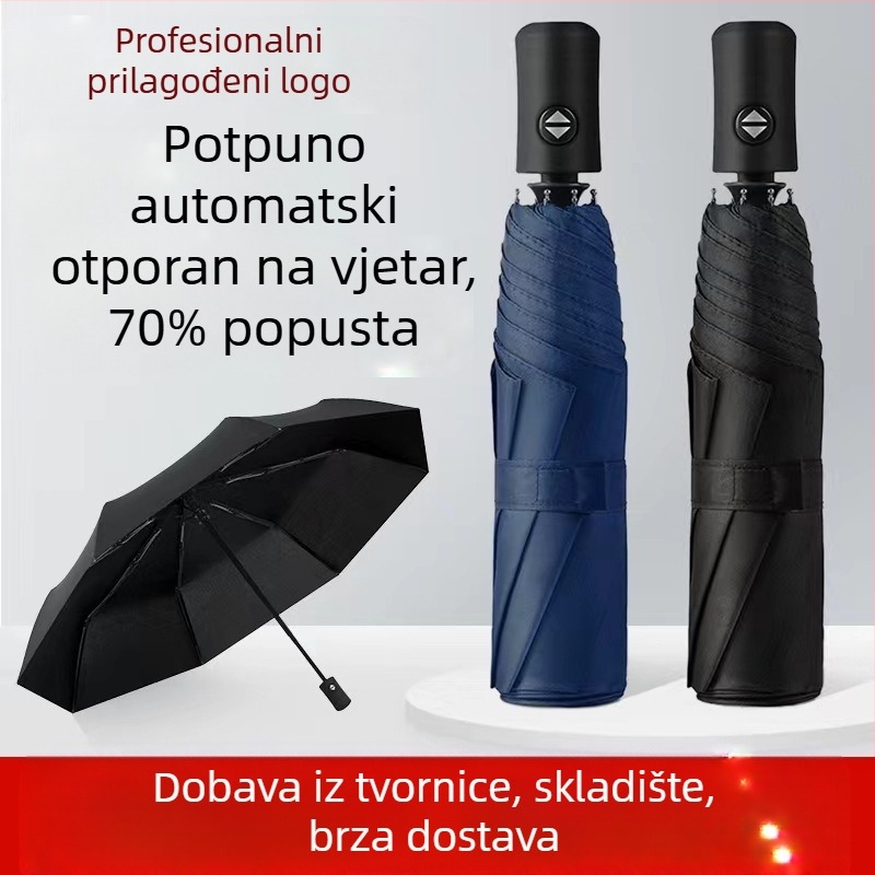 Suncobran s 8 rebara, otporan na vjetar, trodijelni sklop, poluautomatsko otvaranje, automatsko zatvaranje, 210T tkanina, mogućnost prilagođenog logotipa