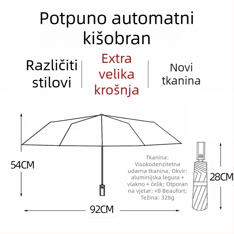 Suncobran s 8 rebara, otporan na vjetar, trodijelni sklop, poluautomatsko otvaranje, automatsko zatvaranje, 210T tkanina, mogućnost prilagođenog logotipa