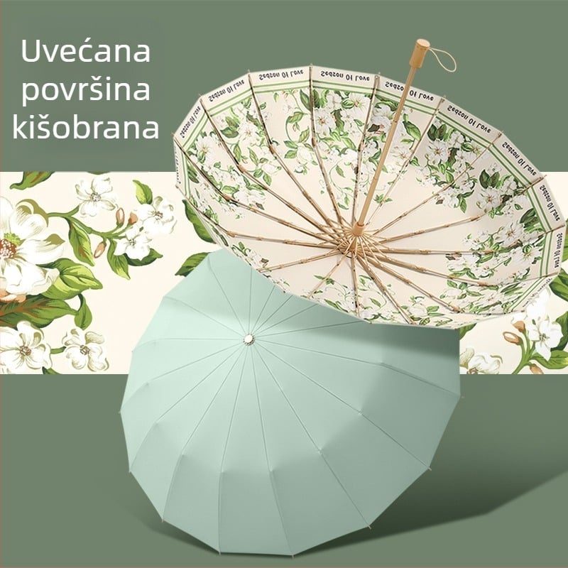 Suncobran s 16 rebara, ručno otvaranje, UV zaštita UPF 50+, rebri od legure, drvena drška