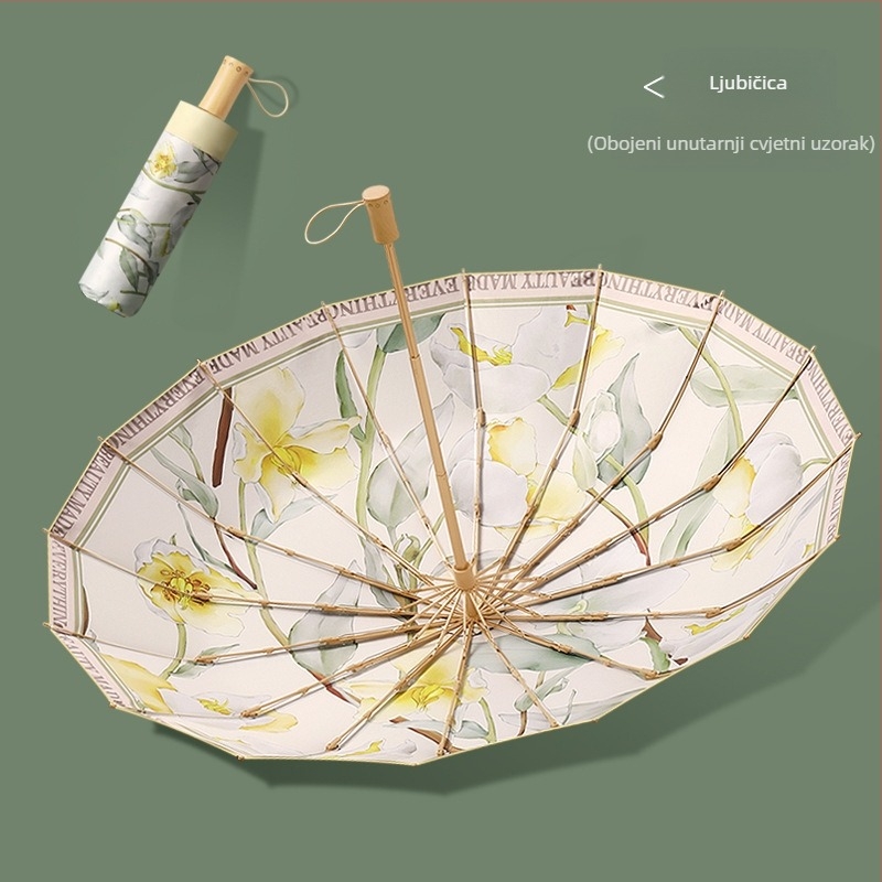 Suncobran s 16 rebara, ručno otvaranje, UV zaštita UPF 50+, rebri od legure, drvena drška