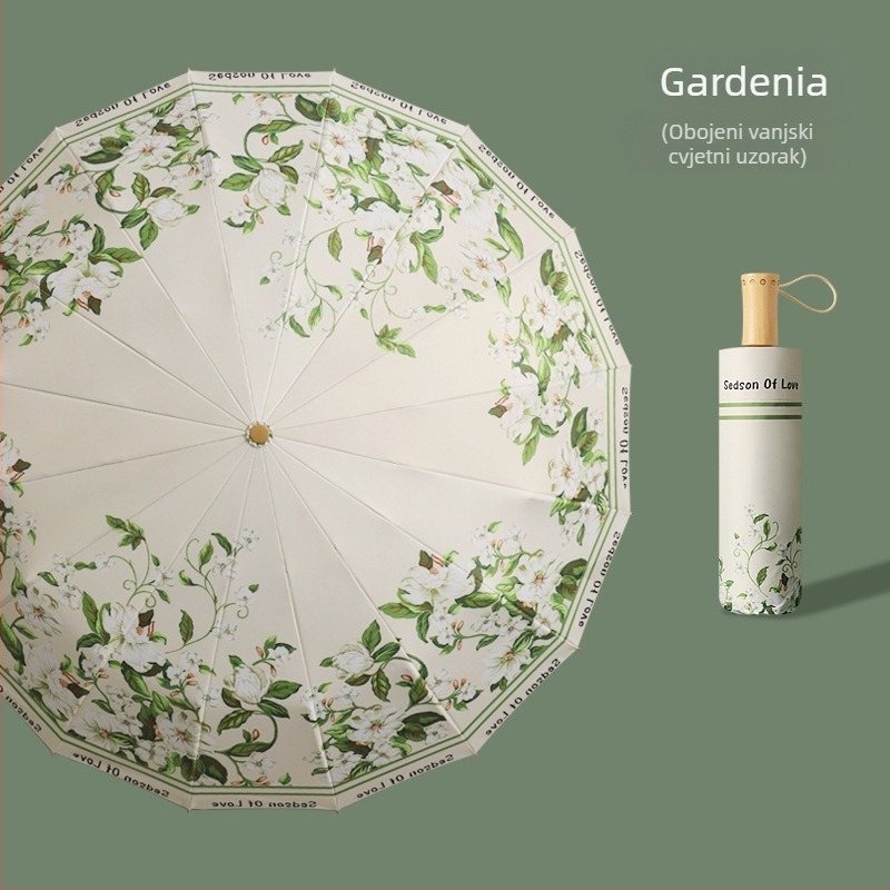 Suncobran s 16 rebara, ručno otvaranje, UV zaštita UPF 50+, rebri od legure, drvena drška