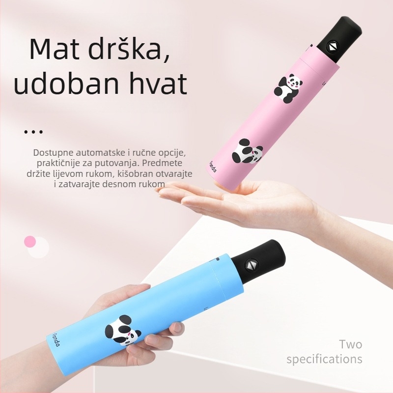 Panda kišobran za sunce i kišu, crni UV premaz, prijenosan, vodootporan, ručno otvaranje, 3-slojni