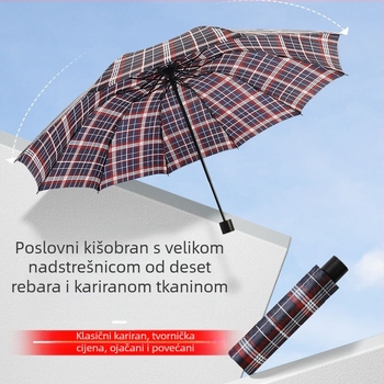 Klasični karirani složeni kišni kišobran, ručni, unisex, lagan, metalni okvir s 10 rebara, gumirana drška, tkanina 170T, moguć tisak loga