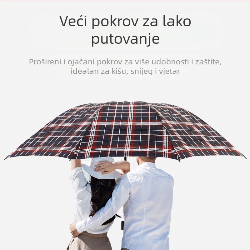 Klasični karirani složeni kišni kišobran, ručni, unisex, lagan, metalni okvir s 10 rebara, gumirana drška, tkanina 170T, moguć tisak loga