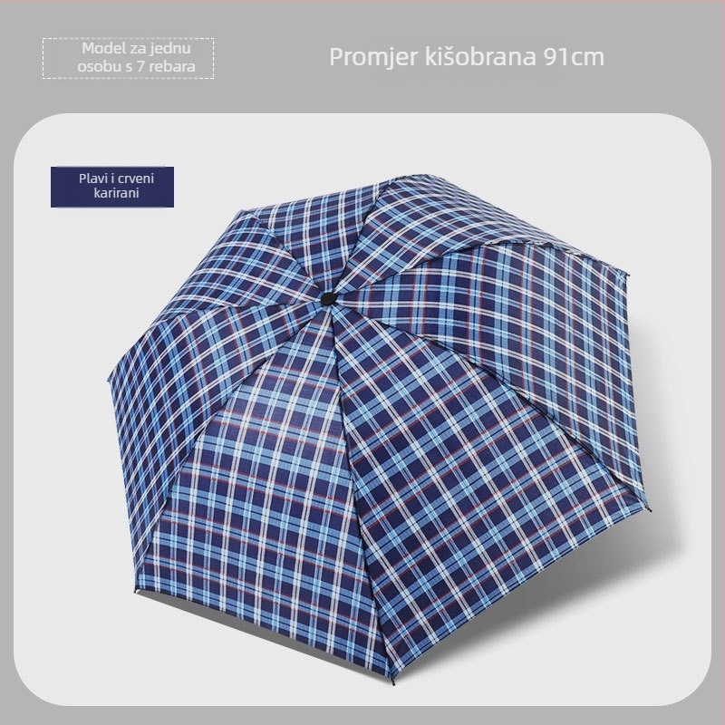 Klasični karirani složeni kišni kišobran, ručni, unisex, lagan, metalni okvir s 10 rebara, gumirana drška, tkanina 170T, moguć tisak loga