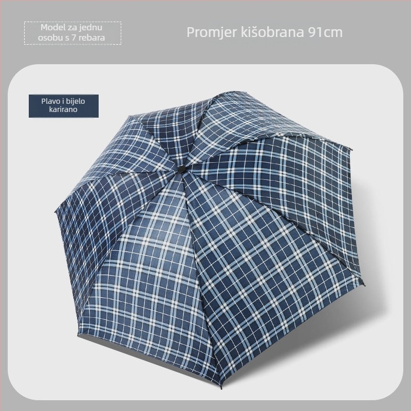 Klasični karirani složeni kišni kišobran, ručni, unisex, lagan, metalni okvir s 10 rebara, gumirana drška, tkanina 170T, moguć tisak loga