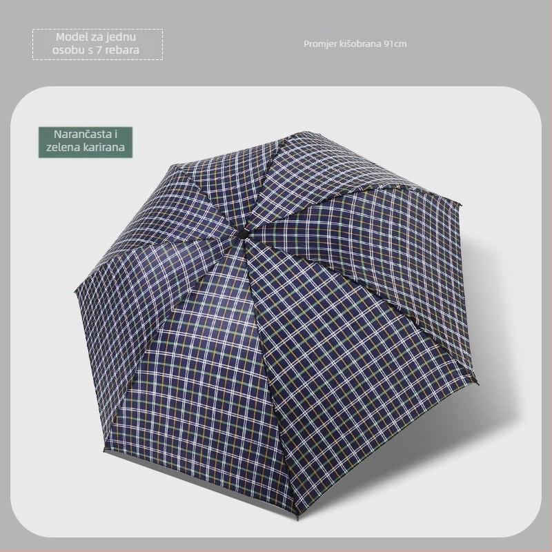 Klasični karirani složeni kišni kišobran, ručni, unisex, lagan, metalni okvir s 10 rebara, gumirana drška, tkanina 170T, moguć tisak loga