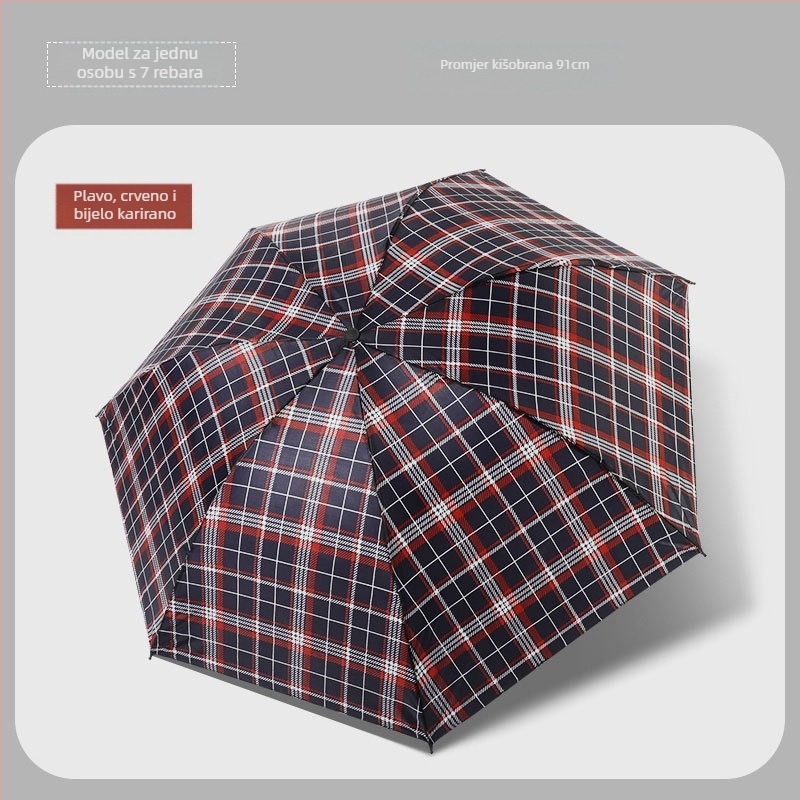 Klasični karirani složeni kišni kišobran, ručni, unisex, lagan, metalni okvir s 10 rebara, gumirana drška, tkanina 170T, moguć tisak loga
