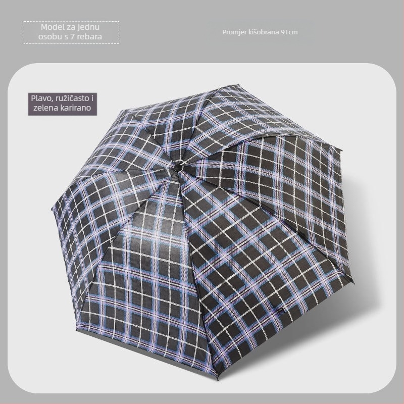 Klasični karirani složeni kišni kišobran, ručni, unisex, lagan, metalni okvir s 10 rebara, gumirana drška, tkanina 170T, moguć tisak loga