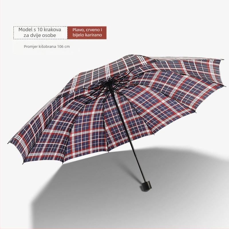 Klasični karirani složeni kišni kišobran, ručni, unisex, lagan, metalni okvir s 10 rebara, gumirana drška, tkanina 170T, moguć tisak loga