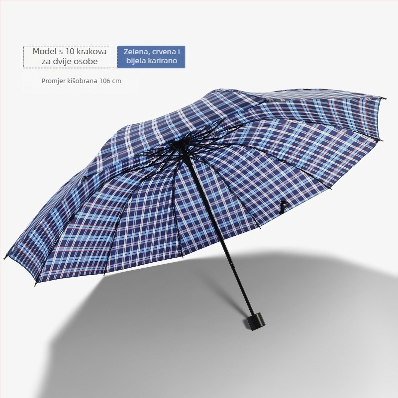 Klasični karirani složeni kišni kišobran, ručni, unisex, lagan, metalni okvir s 10 rebara, gumirana drška, tkanina 170T, moguć tisak loga