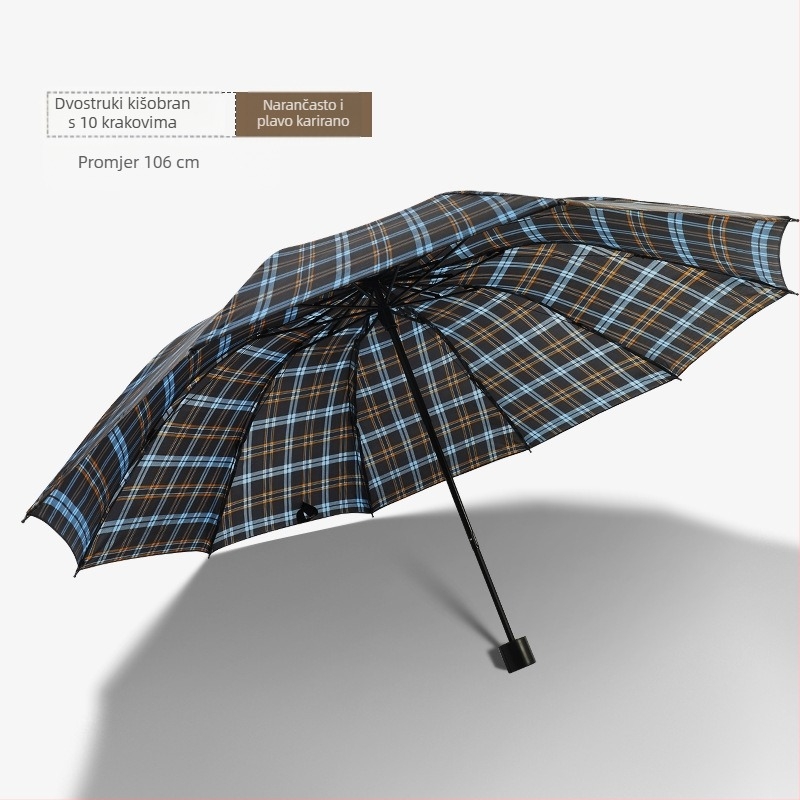 Klasični karirani složeni kišni kišobran, ručni, unisex, lagan, metalni okvir s 10 rebara, gumirana drška, tkanina 170T, moguć tisak loga