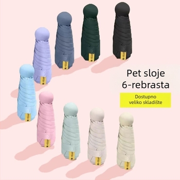 Kapsulni petsegmentni kišobran, džepni, UV zaštita UPF50+, tkanina 190T, 6 rebara, čelična osovina, plastična drška, ručno otvaranje, reklamni kišobran