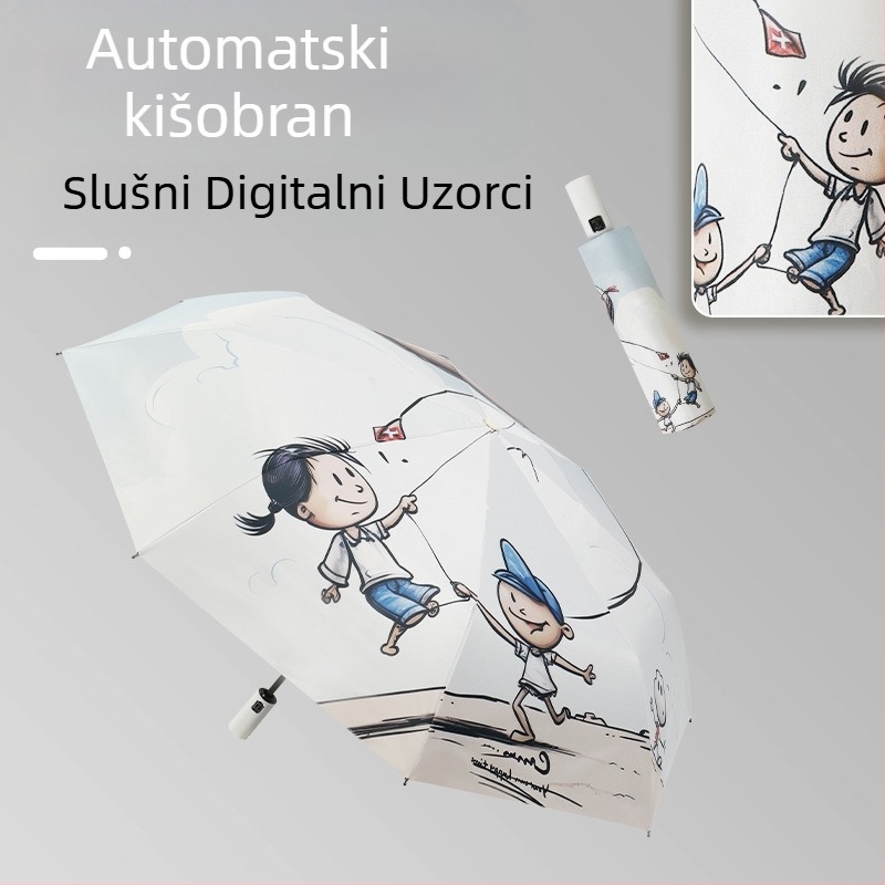 Automatski kišobran za sunce i kišu za studente, s 8 rebara, retro dizajn s tri dijela, UPF50+, lagan