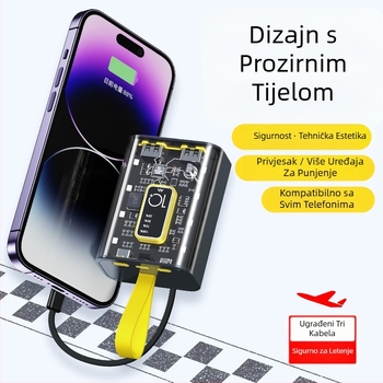 Power Bank 10000mAh s ugrađenim kablom, industrijskim stilom, litij-ionska baterija, ulaz 5V, izlaz 10W QC2.0