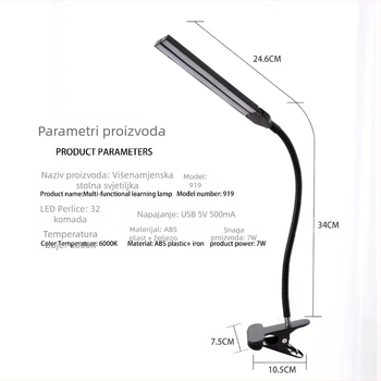 Dvostruka stolna LED lampa s klipom, zaštita vida i podešavanje svjetline, USB napajanje, za učenje i čitanje