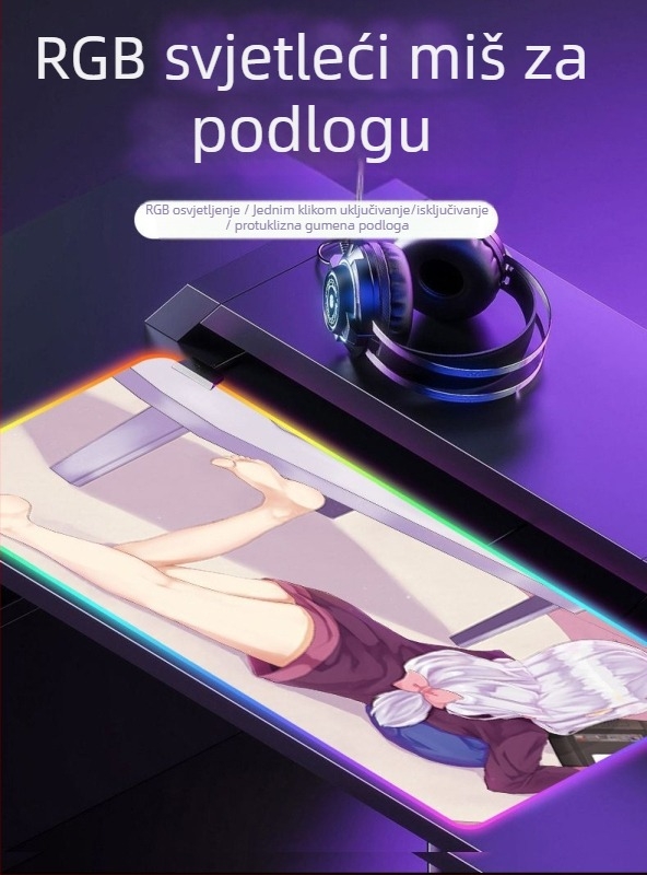 Gaming podloga za miš s RGB osvjetljenjem, gumeni materijal, protuklizna površina, toplinski transfer, otisnut logo
