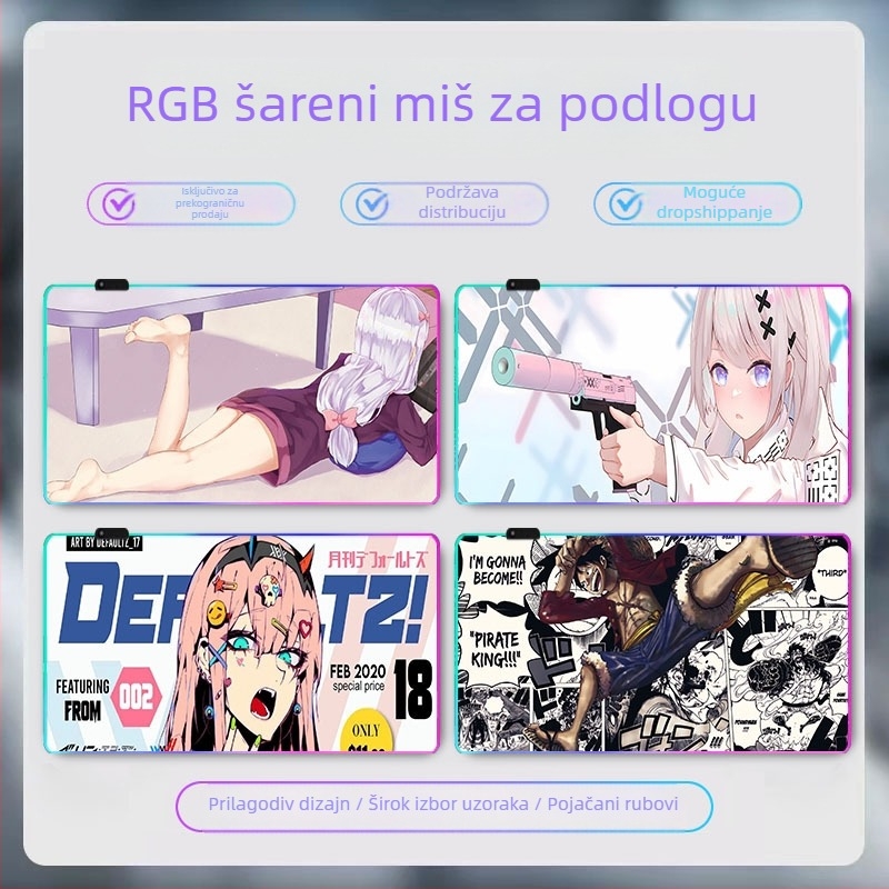 Gaming podloga za miš s RGB osvjetljenjem, gumeni materijal, protuklizna površina, toplinski transfer, otisnut logo