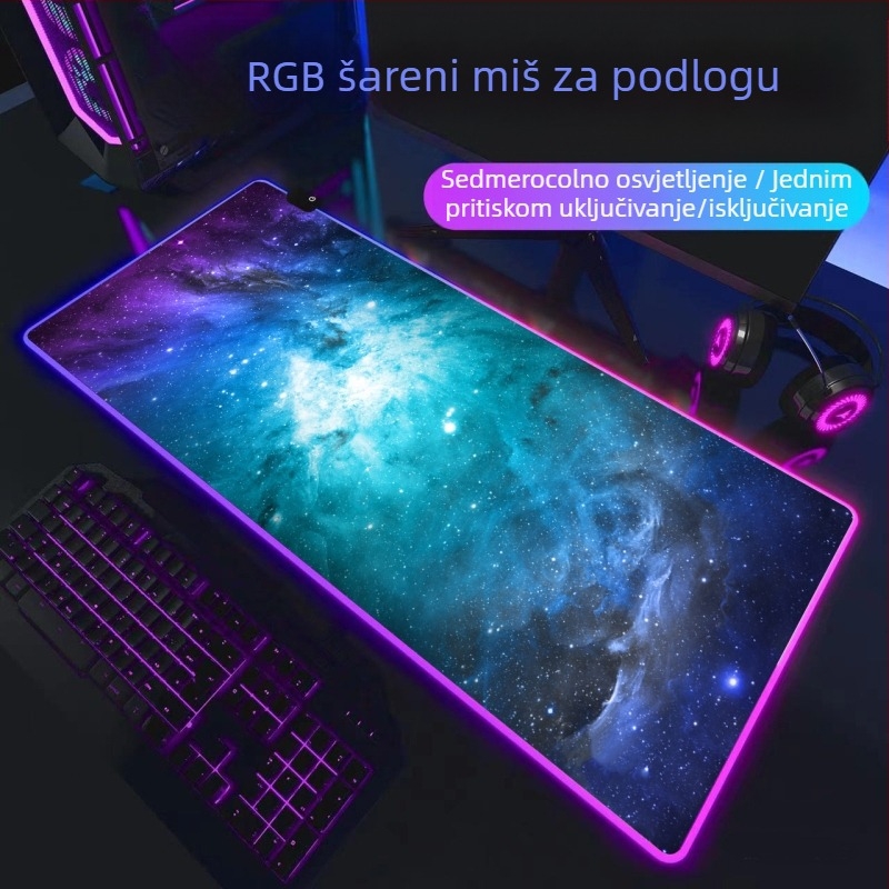 Gaming podloga za miš s RGB osvjetljenjem, gumeni materijal, protuklizna površina, toplinski transfer, otisnut logo