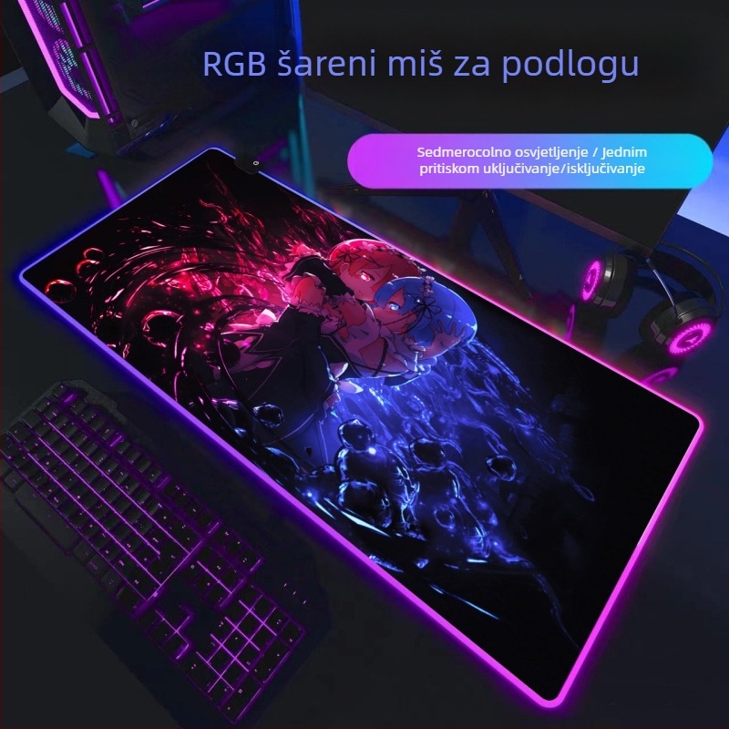 Gaming podloga za miš s RGB osvjetljenjem, gumeni materijal, protuklizna površina, toplinski transfer, otisnut logo