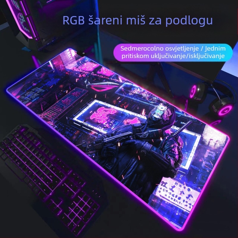 Gaming podloga za miš s RGB osvjetljenjem, gumeni materijal, protuklizna površina, toplinski transfer, otisnut logo