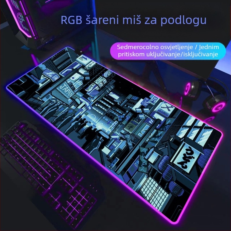 Gaming podloga za miš s RGB osvjetljenjem, gumeni materijal, protuklizna površina, toplinski transfer, otisnut logo