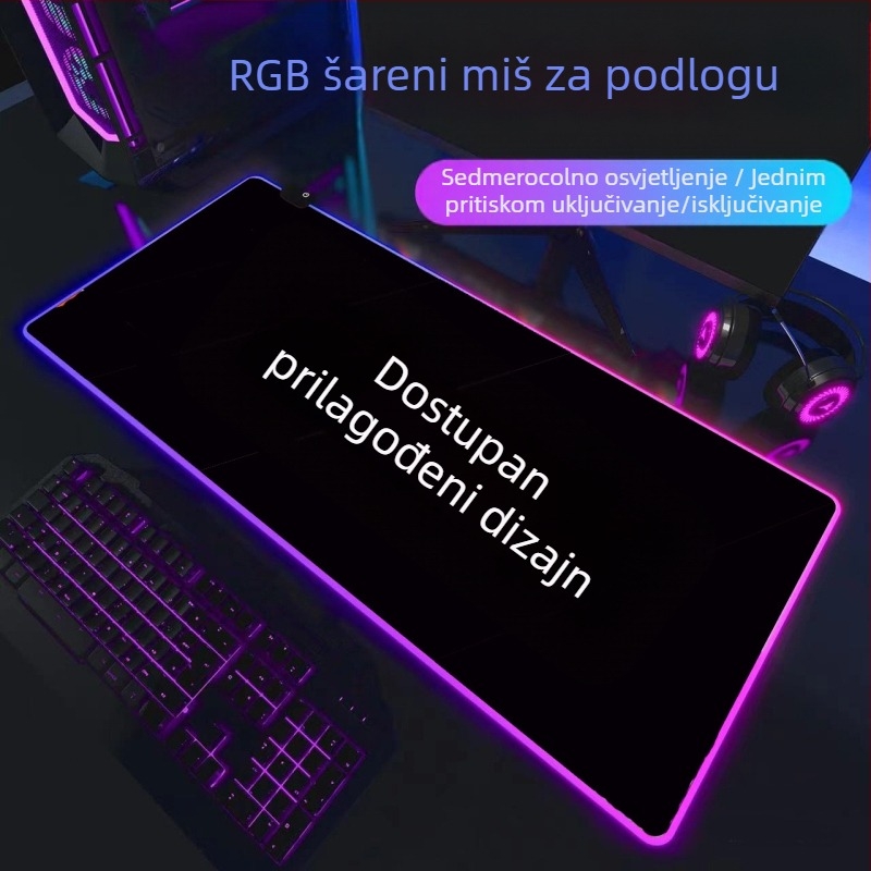 Gaming podloga za miš s RGB osvjetljenjem, gumeni materijal, protuklizna površina, toplinski transfer, otisnut logo