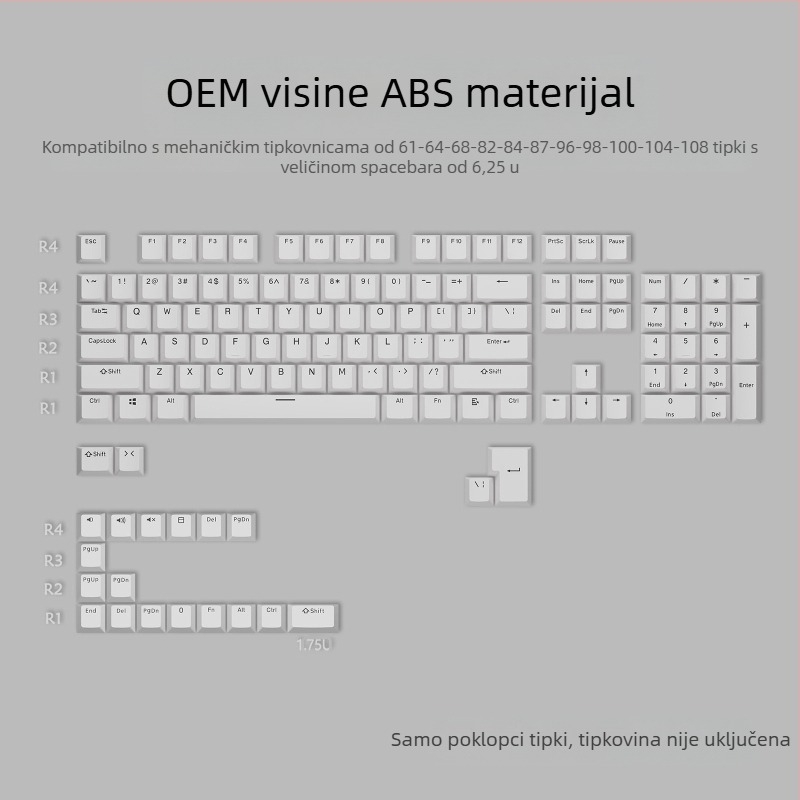 ABS dvobojne keycaps za mehaničke tipkovnice, injekcijski oblikovani, 125 tipki