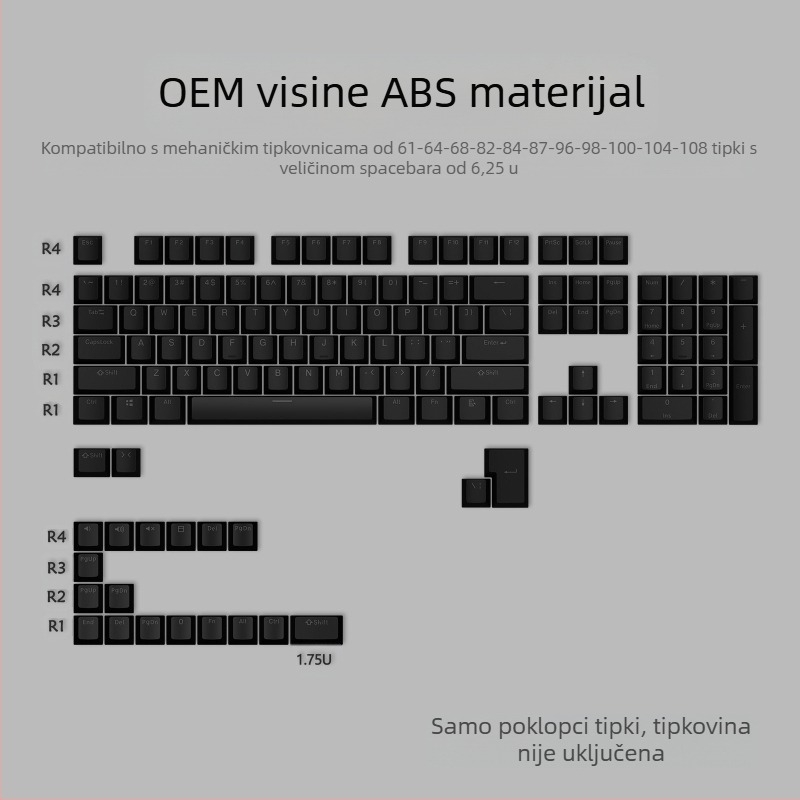 ABS dvobojne keycaps za mehaničke tipkovnice, injekcijski oblikovani, 125 tipki