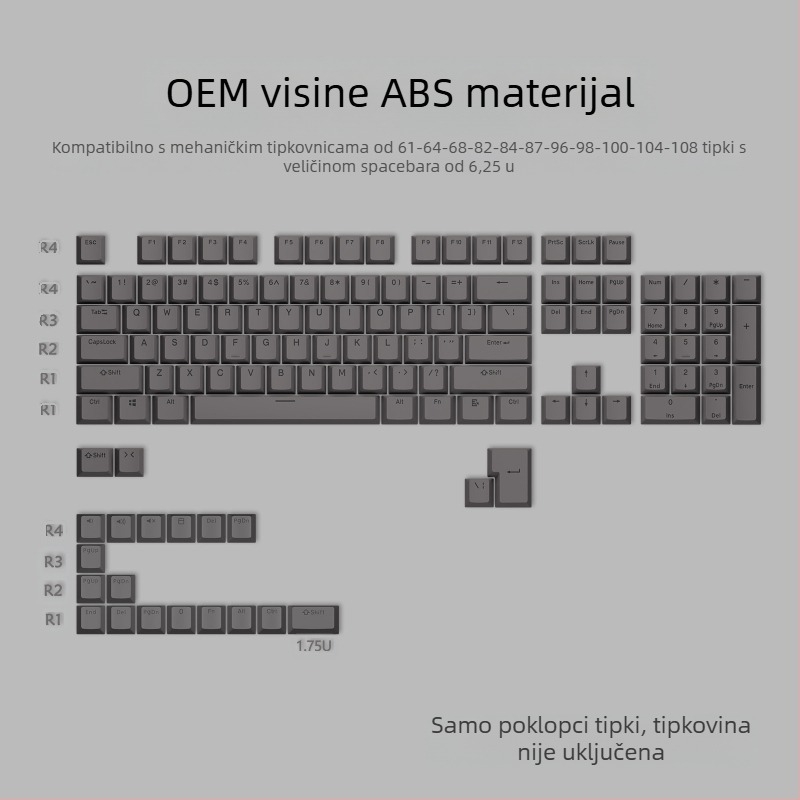 ABS dvobojne keycaps za mehaničke tipkovnice, injekcijski oblikovani, 125 tipki
