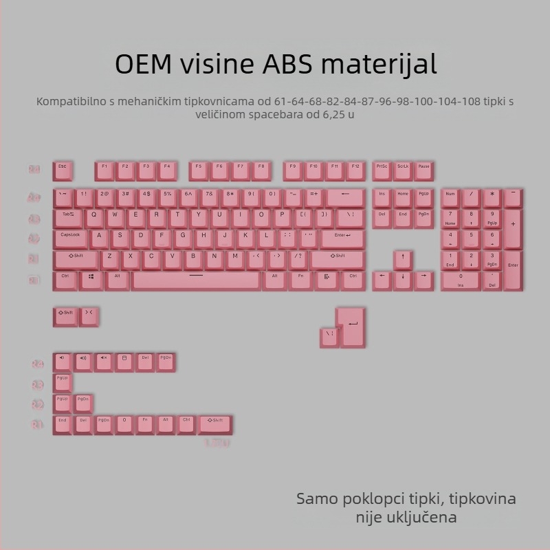 ABS dvobojne keycaps za mehaničke tipkovnice, injekcijski oblikovani, 125 tipki
