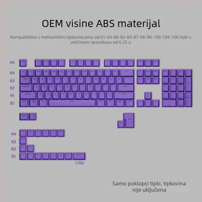 ABS dvobojne keycaps za mehaničke tipkovnice, injekcijski oblikovani, 125 tipki
