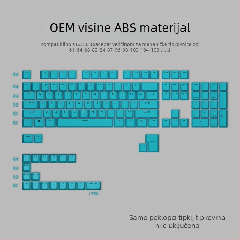 ABS dvobojne keycaps za mehaničke tipkovnice, injekcijski oblikovani, 125 tipki