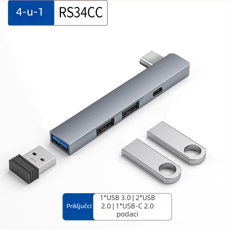USB hub s 4 porta USB-C kabelom od 7 cm — USB 3.1, 5 Gbps, napajan preko sabirnice (RS34AR)