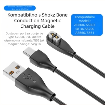 Magnetski kabel za punjenje za Bluetooth slušalice s kostnom provodljivošću (USB-A/ USB-C sučelje; Kompatibilni modeli Shaoyin AS800/S803/S810; Model Bsw-AS800; Brand Besivo/Baisiwo)