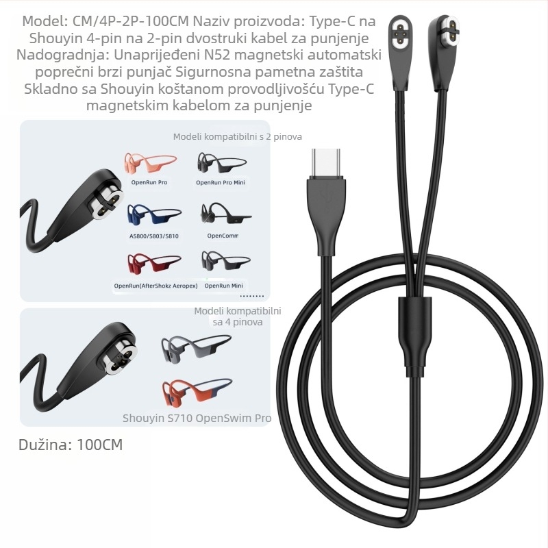 Magnetski kabel za punjenje za Bluetooth slušalice s kostnom provodljivošću (USB-A/ USB-C sučelje; Kompatibilni modeli Shaoyin AS800/S803/S810; Model Bsw-AS800; Brand Besivo/Baisiwo)