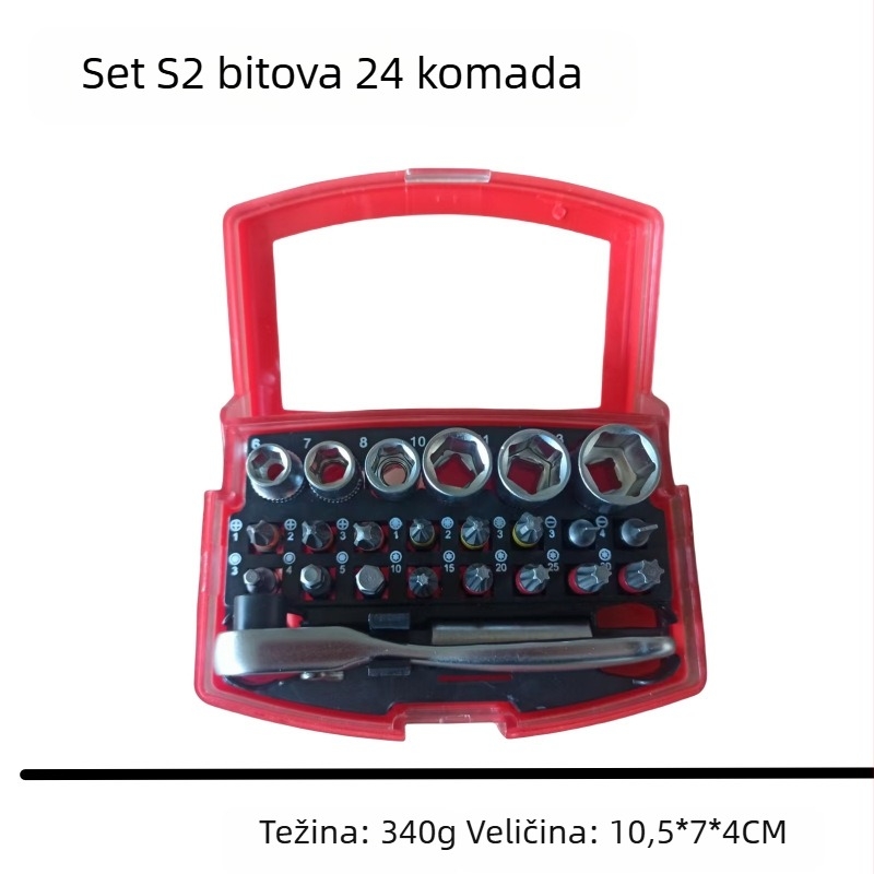 Set bitova za ručnu odvijačicu - S2 materijal, 32 komada, uključuje ravne (plosne), Phillips, Pozidriv, šesterokut, sigurnosni Torx, brzo izdvajanje osovine