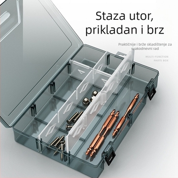 Plastična kutija za dijelove s višestrukim pretincima, čvrsto ojačanim pregradama i mogućnošću uklanjanja dijelova za vijke, bušilice i elektroničke komponente