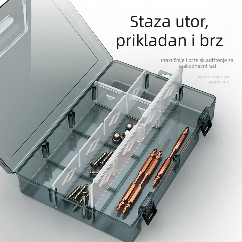 Plastična kutija za dijelove s višestrukim pretincima, čvrsto ojačanim pregradama i mogućnošću uklanjanja dijelova za vijke, bušilice i elektroničke komponente