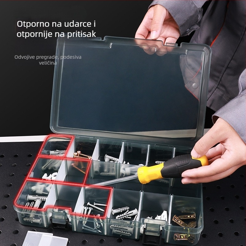 Plastična kutija za dijelove s višestrukim pretincima, čvrsto ojačanim pregradama i mogućnošću uklanjanja dijelova za vijke, bušilice i elektroničke komponente