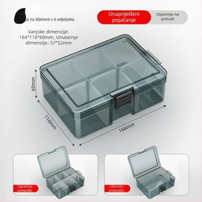 Plastična kutija za dijelove s višestrukim pretincima, čvrsto ojačanim pregradama i mogućnošću uklanjanja dijelova za vijke, bušilice i elektroničke komponente