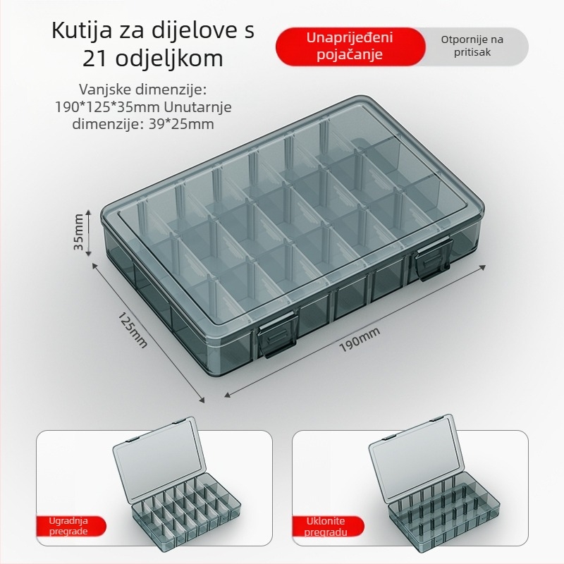 Plastična kutija za dijelove s višestrukim pretincima, čvrsto ojačanim pregradama i mogućnošću uklanjanja dijelova za vijke, bušilice i elektroničke komponente